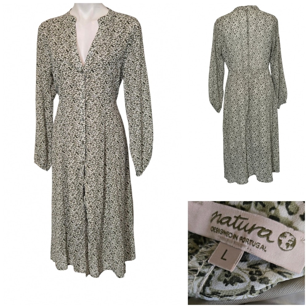 Natura Designed in Portugal Green Floral Button Front Midi Dress Large L